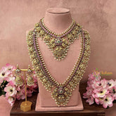 Vriksham Traditional South Indian Temple & Peacock Guttapusalu Bridal Set-Green & Rice Pearl Bead-J3933
